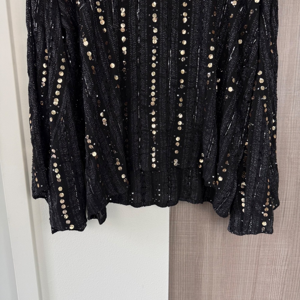 Anthropologie Let Me Be Black Gold Sequin Embellished Lace V Neck Blouse Medium - Picture 8 of 15